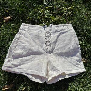 White Cotton Denim Stretch HighRise Shorts Front Lace-Up